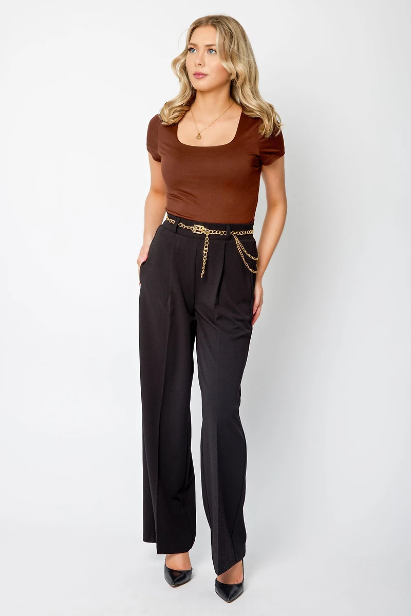 Knit Crepe High-Rise Pant with Chain-Belt