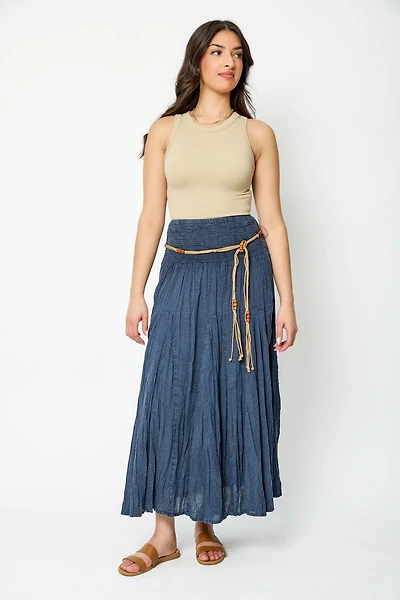 Acid Wash Cotton Voile Smocked Waist Maxi Skirt