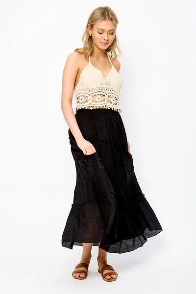 Tiered Maxi Skirt with Floral Eyelet Trim
