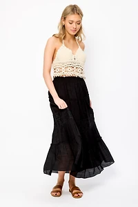 Tiered Maxi Skirt with Floral Eyelet Trim