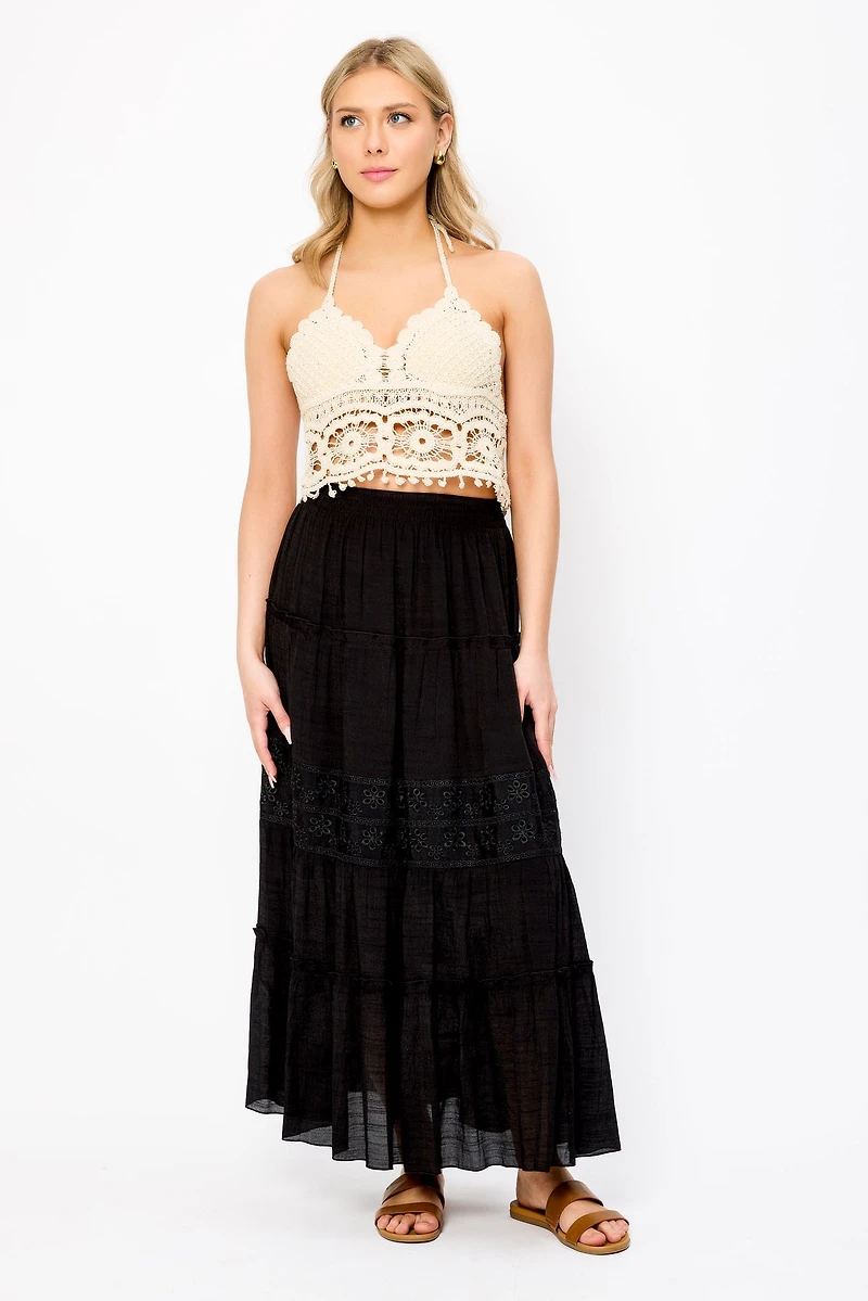 Tiered Maxi Skirt with Floral Eyelet Trim