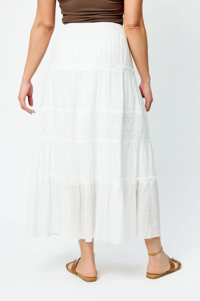 Tiered Maxi Skirt with Floral Eyelet Trim