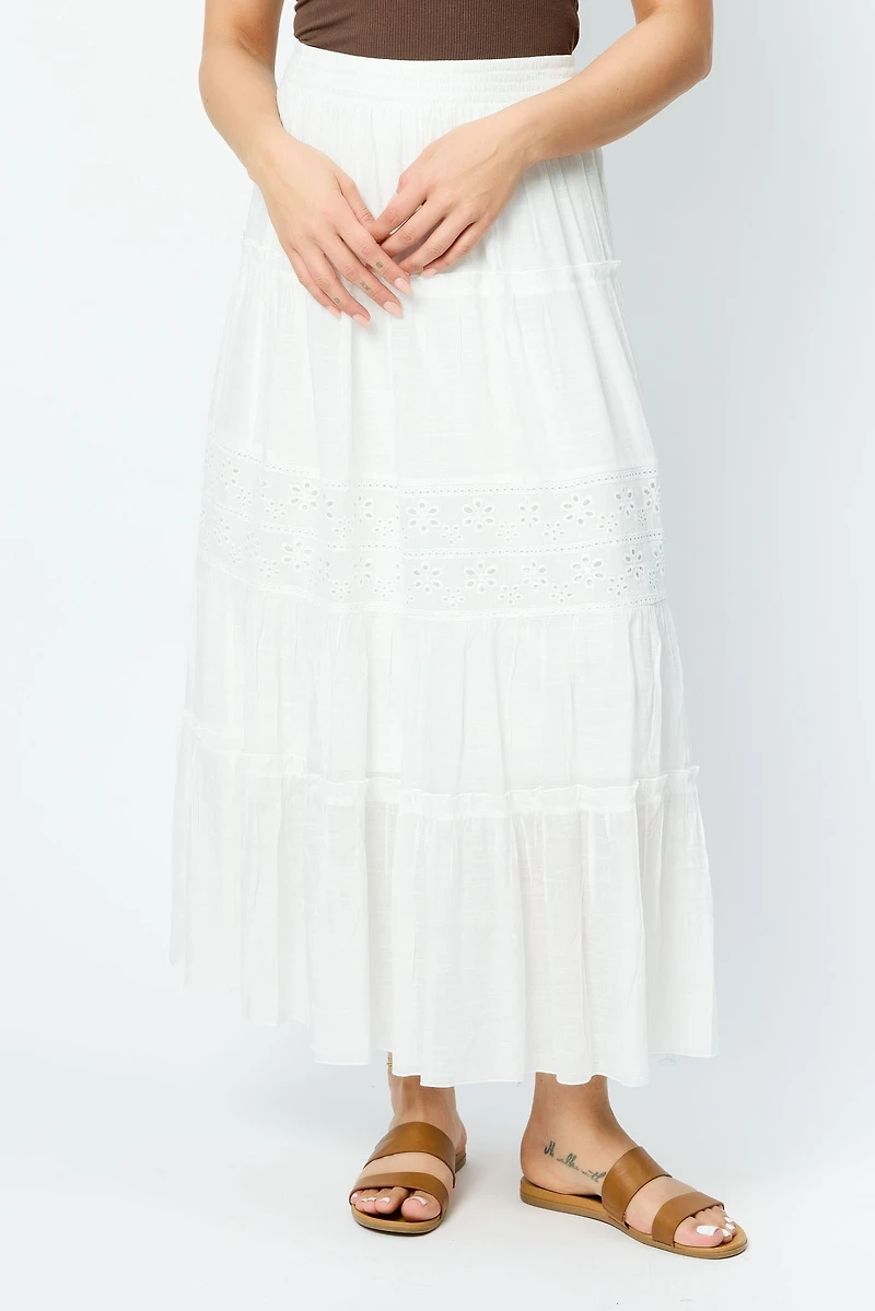 Tiered Maxi Skirt with Floral Eyelet Trim