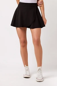 Stretch Crepe Faux-Wrap Mini Swing Skort