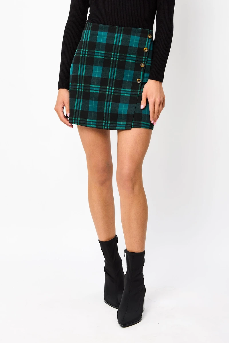 Everleigh Plaid Jacquard Wrap Skirt with Buttons