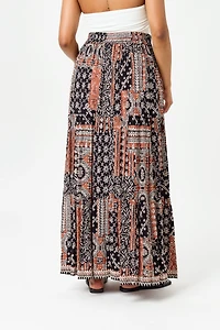Patchwork Print Maxi Skirt with Slit