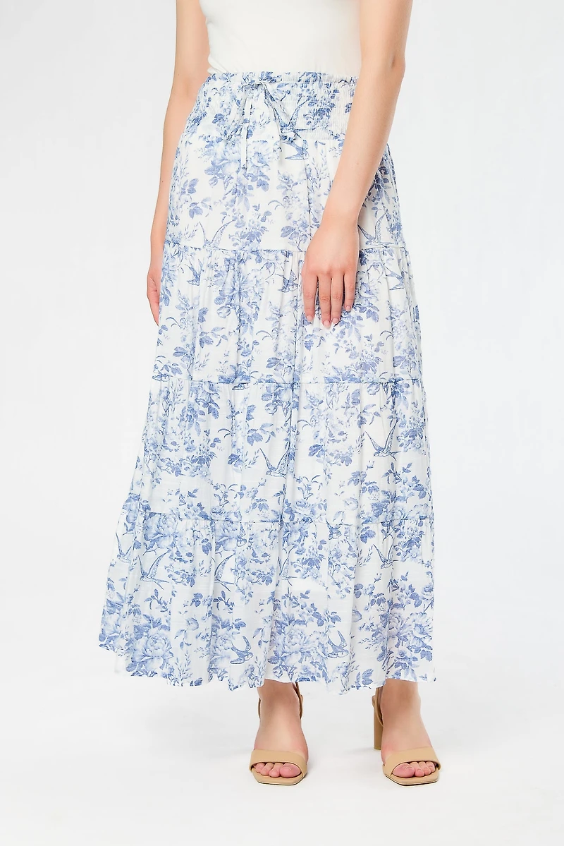 Floral & Bird Crosshatch Tiered Maxi Skirt