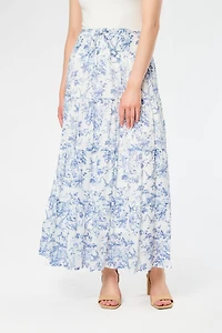 Floral & Bird Crosshatch Tiered Maxi Skirt