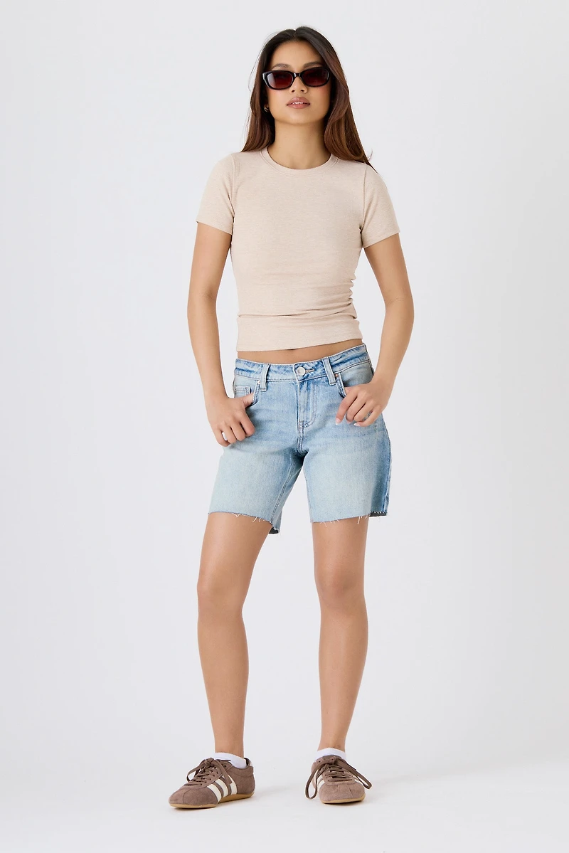 Tattoo Faded Blue Distressed Mid-Rise Short with Raw Hem