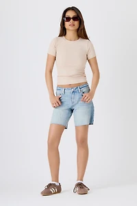 Tattoo Faded Blue Distressed Mid-Rise Short with Raw Hem