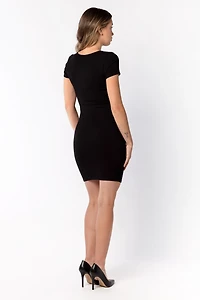 Short Sleeve Bodycon Dress with Sweetheart Neckline and Picot Trim