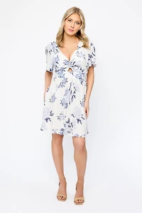 Floral Bell-Sleeve Knotted V-Neck Dress