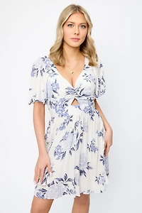 Floral Bell-Sleeve Knotted V-Neck Dress