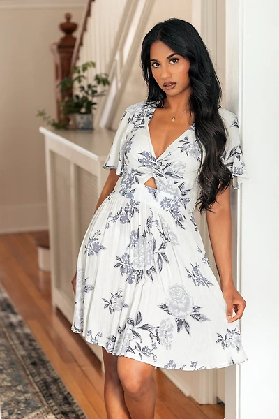 Floral Bell-Sleeve Knotted V-Neck Dress