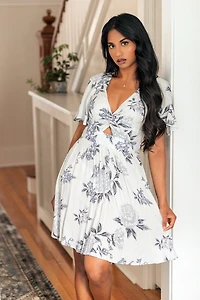 Floral Bell-Sleeve Knotted V-Neck Dress