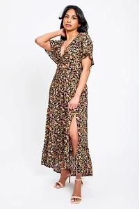 Ditsy Bell-Sleeve High-Low Maxi Dress