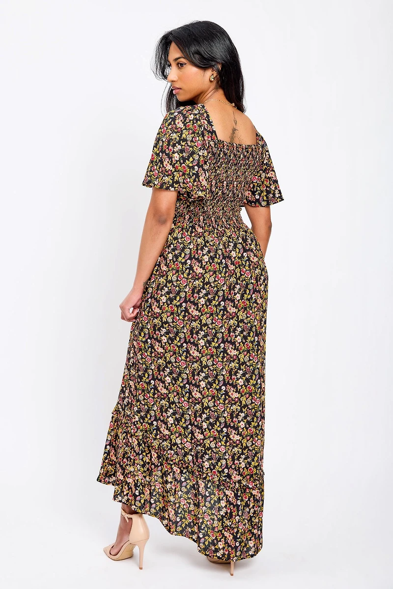 Ditsy Bell-Sleeve High-Low Maxi Dress