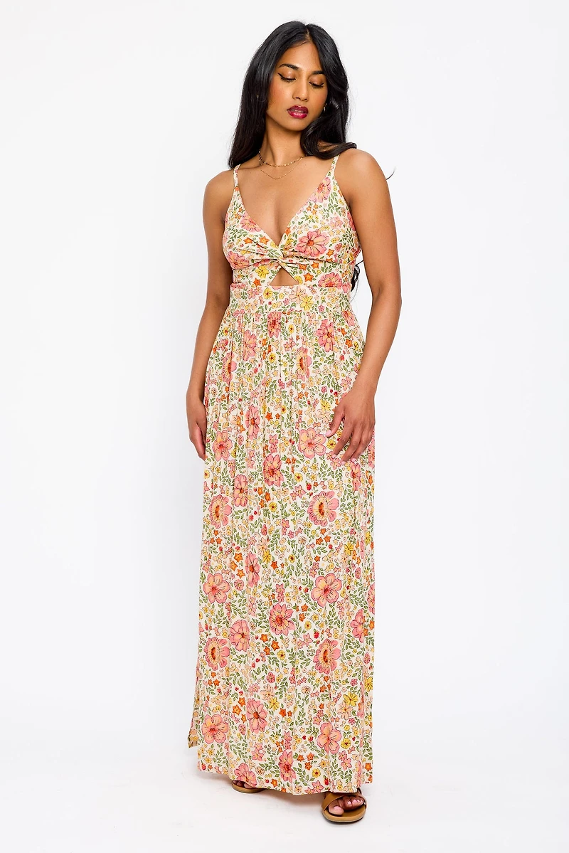 Floral Spaghetti Strap V-Neck Maxi Dress with Cut-Out