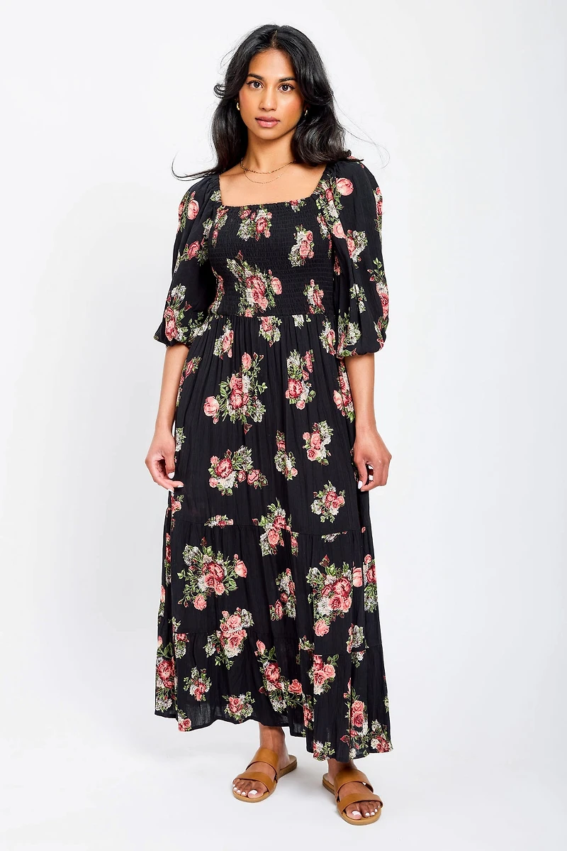 Floral Smocked Balloon-Sleeve Maxi Dress