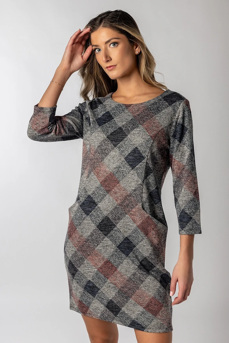 3/4 Sleeve Plaid Dress with Pockets