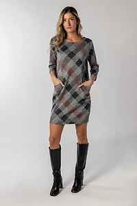3/4 Sleeve Plaid Dress with Pockets