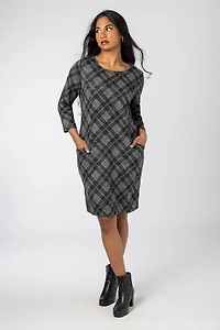 Plaid Knit Dress with 3/4 Sleeves