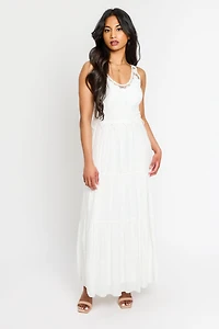 Gauze Sleeveless V-Neck Maxi Dress with Crochet Bodice