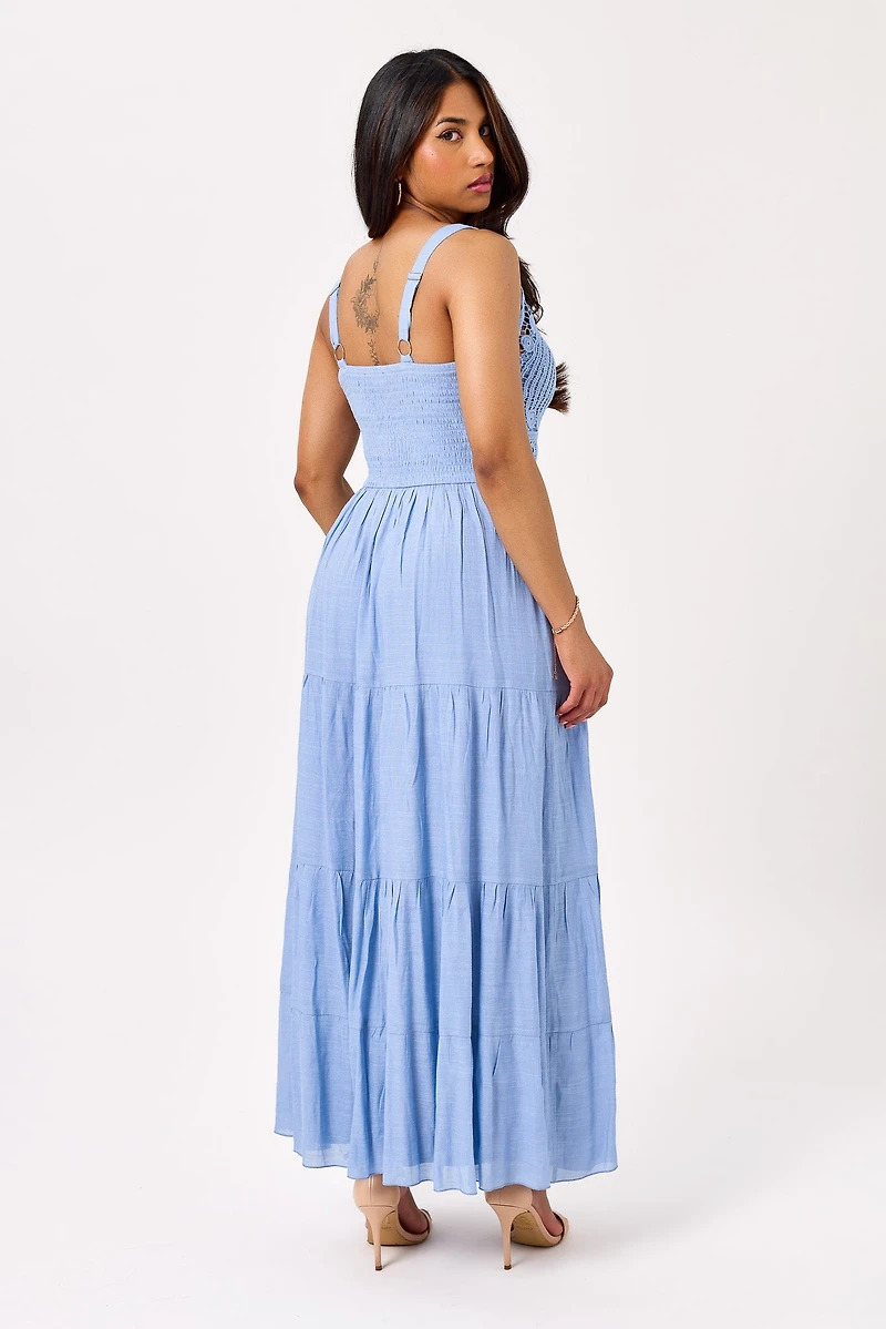 Gauze Sleeveless V-Neck Maxi Dress with Crochet Bodice