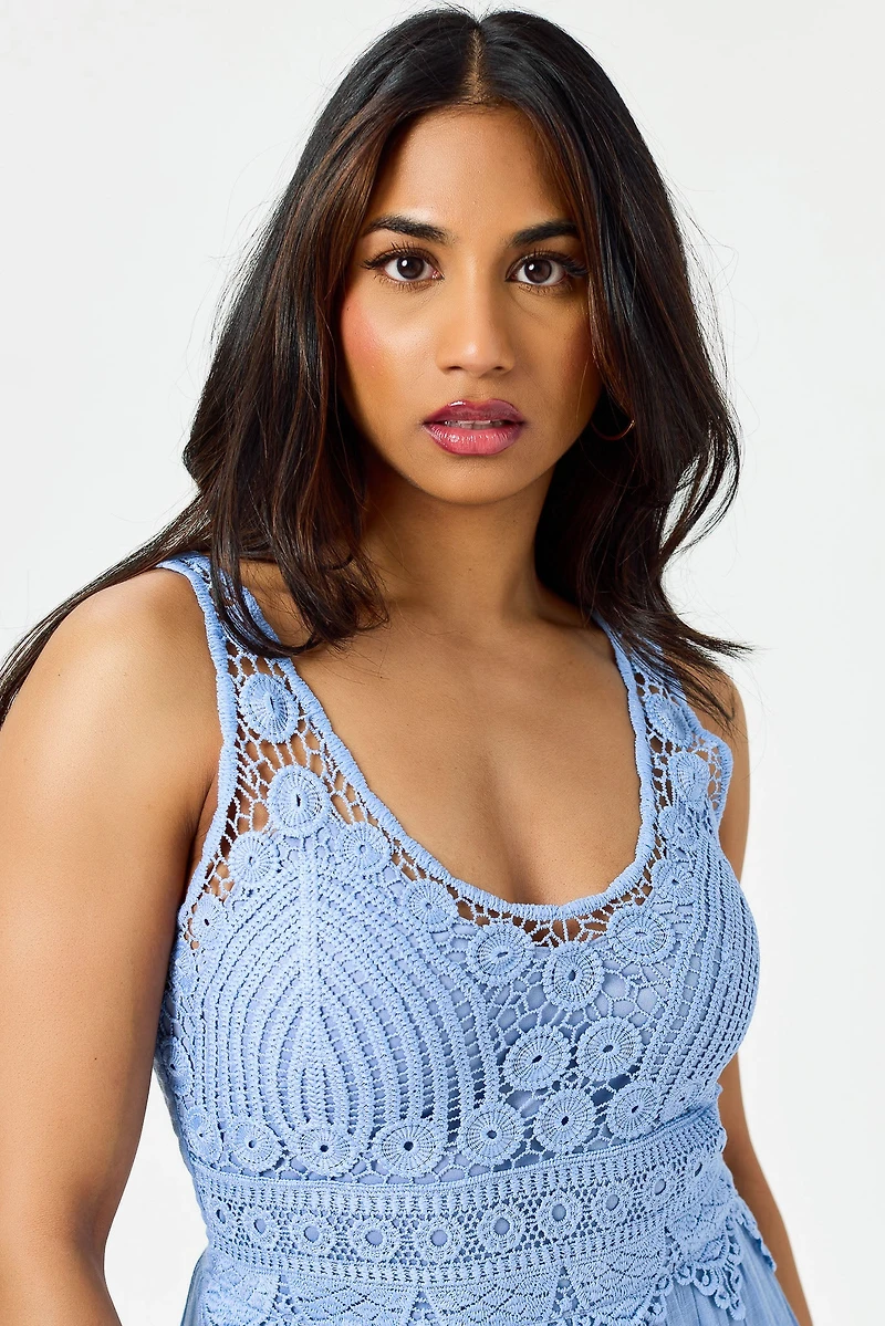 Gauze Sleeveless V-Neck Maxi Dress with Crochet Bodice