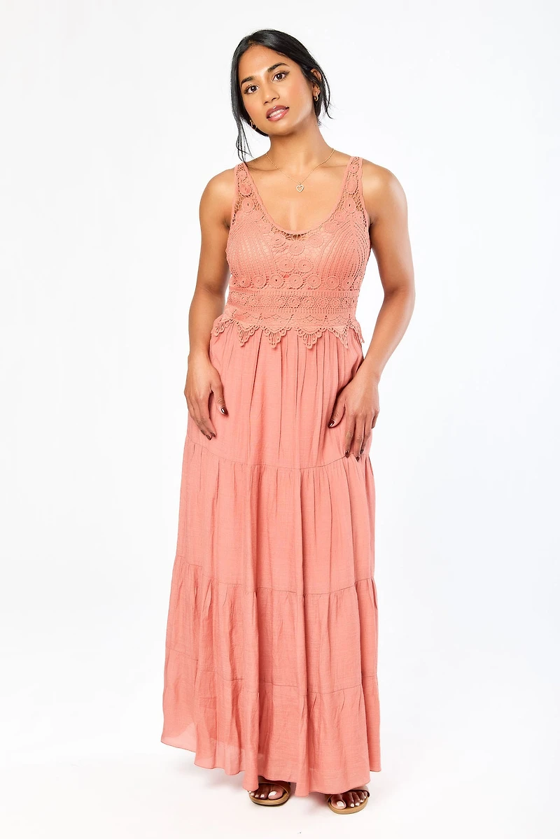 Gauze Sleeveless V-Neck Maxi Dress with Crochet Bodice