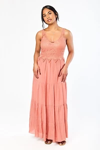 Gauze Sleeveless V-Neck Maxi Dress with Crochet Bodice