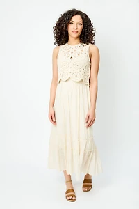 Gauze Sleeveless Crew-Neck Maxi Dress with Crochet Shell