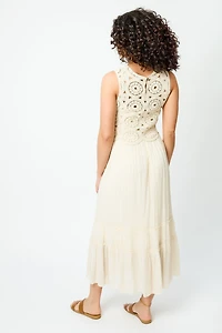 Gauze Sleeveless Crew-Neck Maxi Dress with Crochet Shell