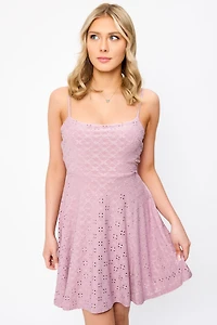 Eyelet Spaghetti Strap Scoop-Neck Skater Dress with Open Back