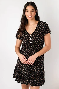Ditsy Knit Crepe Flutter-Sleeve Dress