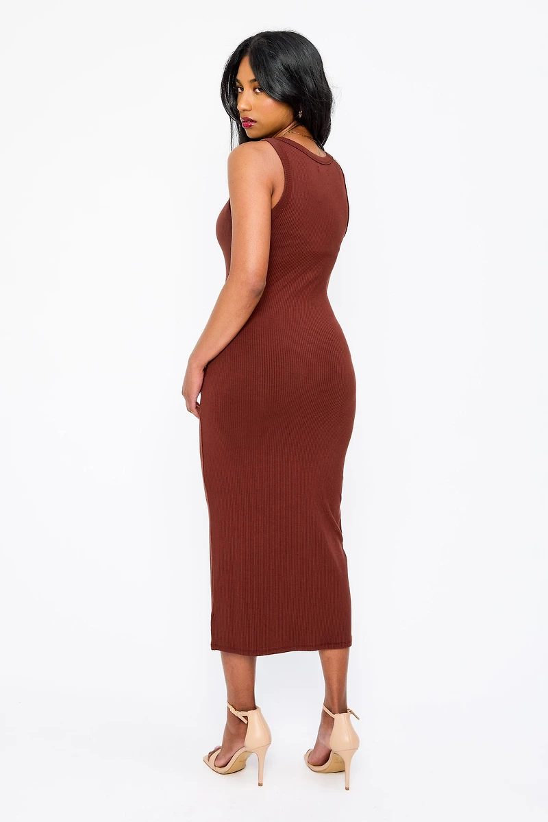 Ribbed Sleeveless Crew-Neck Midi Tank Dress