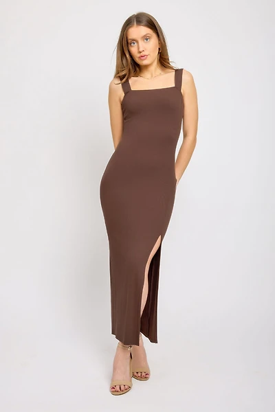 Ribbed Square-Neck Maxi Dress with Side Slit