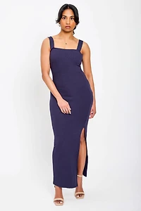 Ribbed Square-Neck Maxi Dress with Side Slit