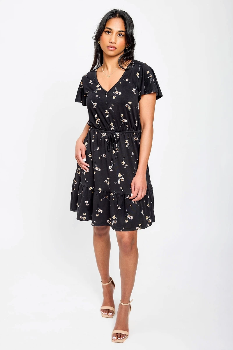 Daisy-Print Flutter-Sleeve V-Neck Dress