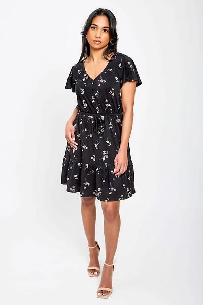 Daisy-Print Flutter-Sleeve V-Neck Dress
