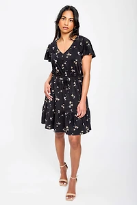 Daisy-Print Flutter-Sleeve V-Neck Dress