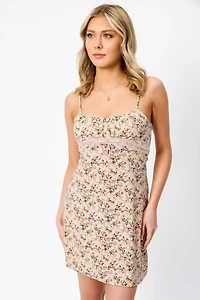 Ditsy Spaghetti Strap Scoop-Neck Dress with Ribbon Detail
