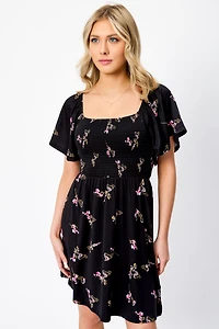 Small Floral Flounce Sleeve Square-Neck Dress with Smocked Top and Open Back