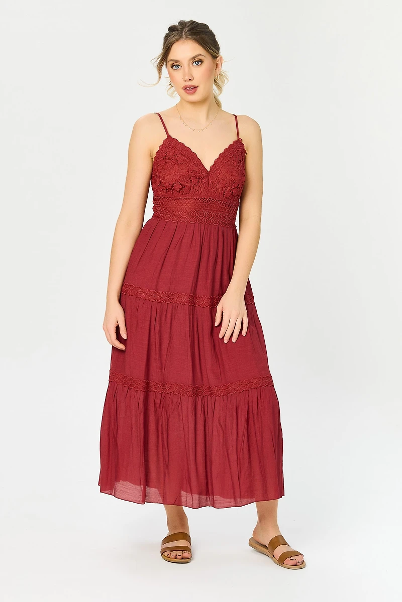 Gauze Maxi Tiered Dress with Crochet Bodice