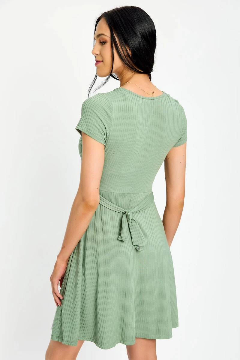 Ribbed Knit Crossover Skater Dress