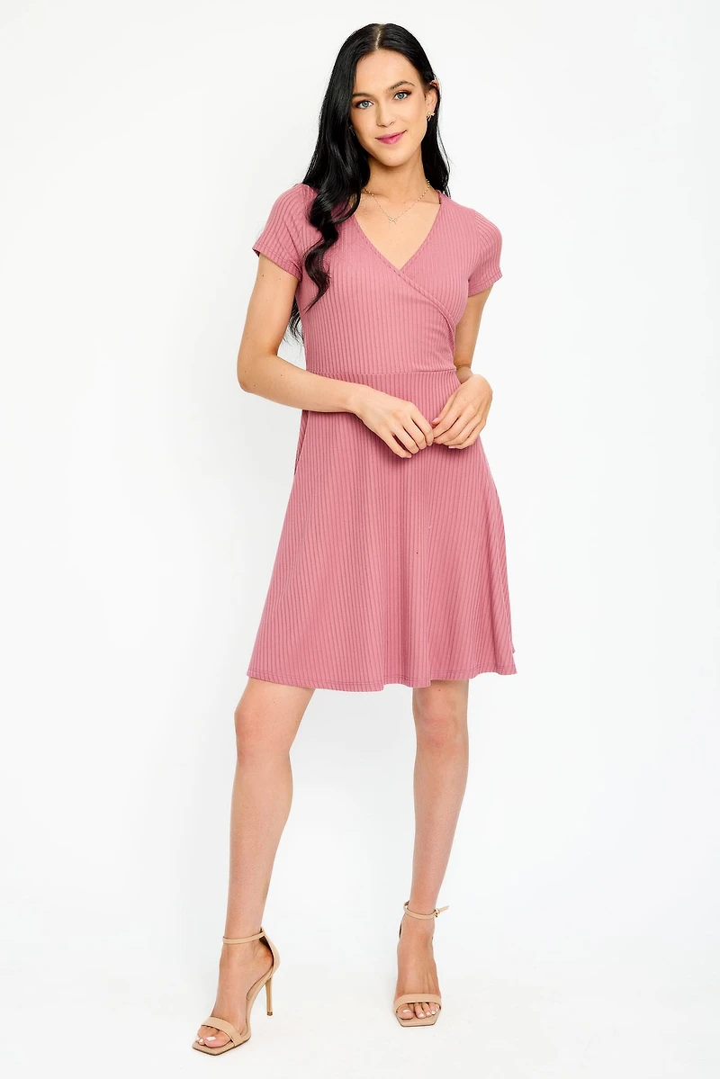 Ribbed Knit Crossover Skater Dress