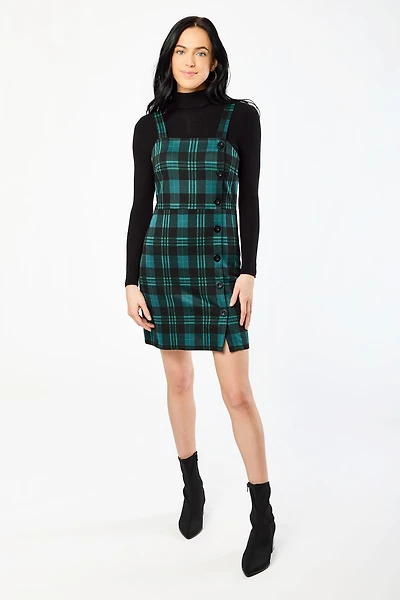 Everleigh Plaid Jacquard Square-Neck Jumper Dress with Asymmetrical Buttons
