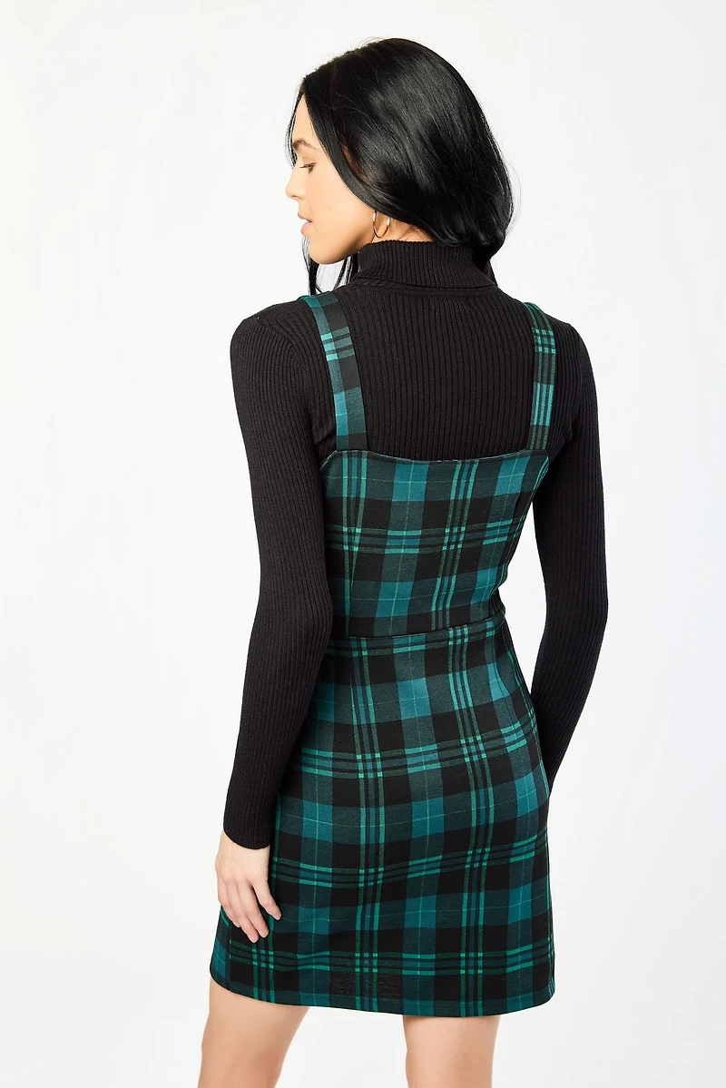 Everleigh Plaid Jacquard Square-Neck Jumper Dress with Asymmetrical Buttons