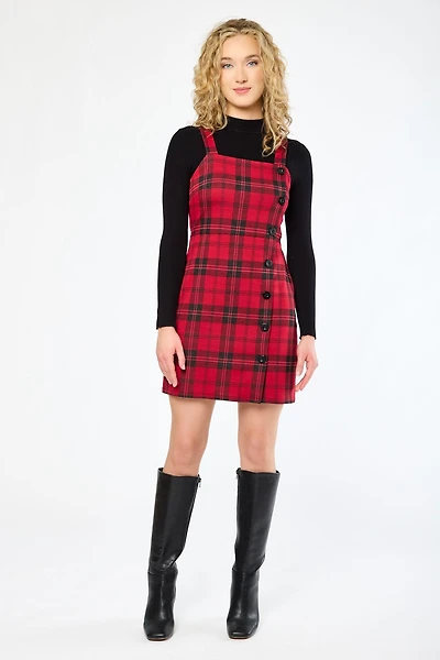 Mackenzie Plaid Jacquard Square-Neck Jumper Dress with Asymmetrical Buttons