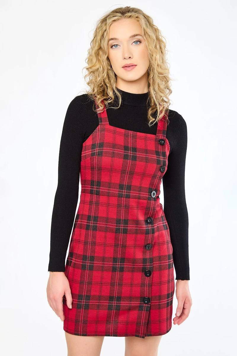 Mackenzie Plaid Jacquard Square-Neck Jumper Dress with Asymmetrical Buttons